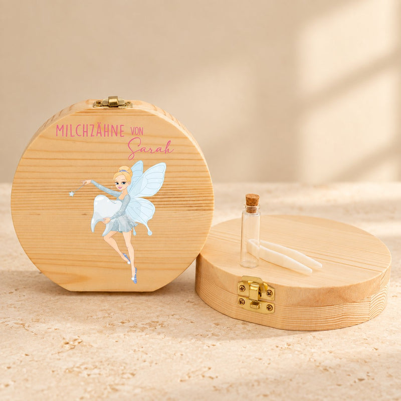 Personalisierte Zahndose aus Holz mit Zahnfee