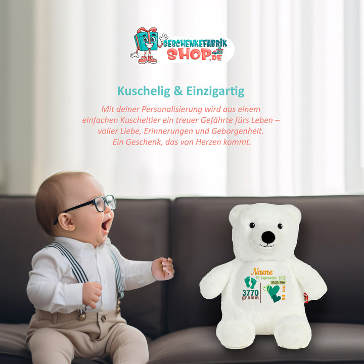 Personalisiertes Kuscheltier Polar Bear mit Name & Geburtsdaten – Geschenk zur Geburt oder Taufe
