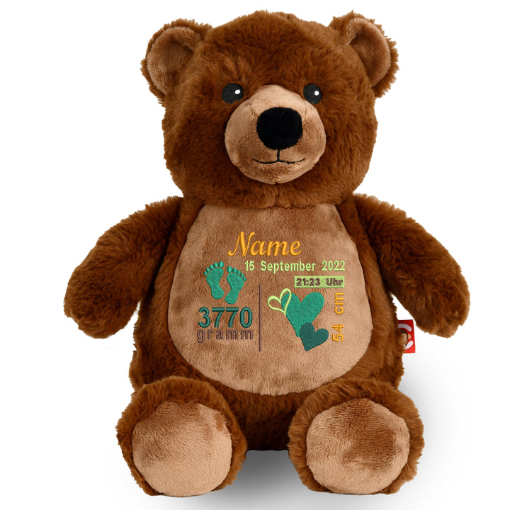 Personalisiertes Kuscheltier Grizzly Bear mit Name & Geburtsdaten – Geschenk zur Geburt oder Taufe