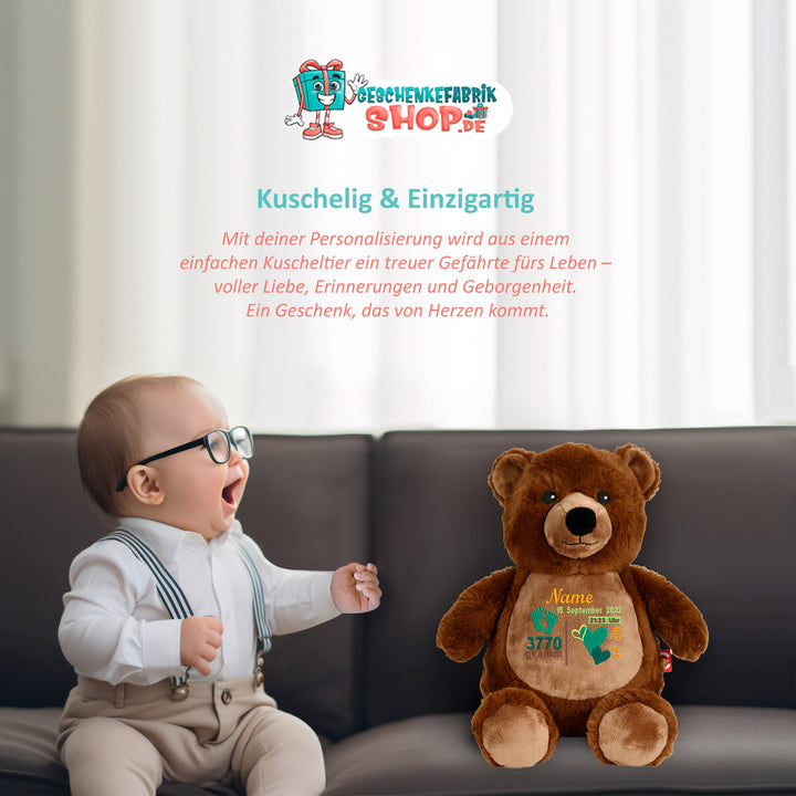 Personalisiertes Kuscheltier Grizzly Bear mit Name & Geburtsdaten – Geschenk zur Geburt oder Taufe