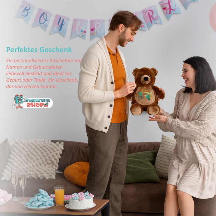 Personalisiertes Kuscheltier Grizzly Bear mit Name & Geburtsdaten – Geschenk zur Geburt oder Taufe