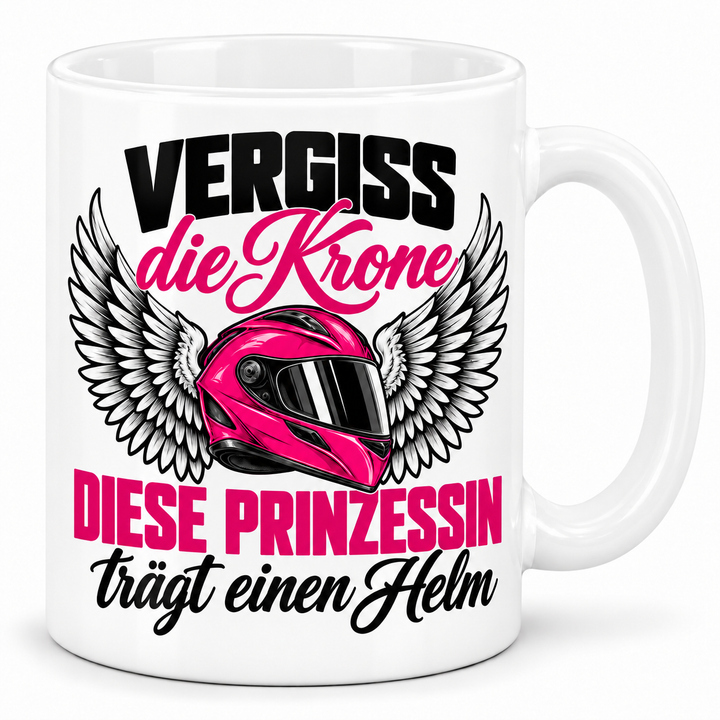 Bikerin-Tasse Prinzessin mit Helm – Weiß
