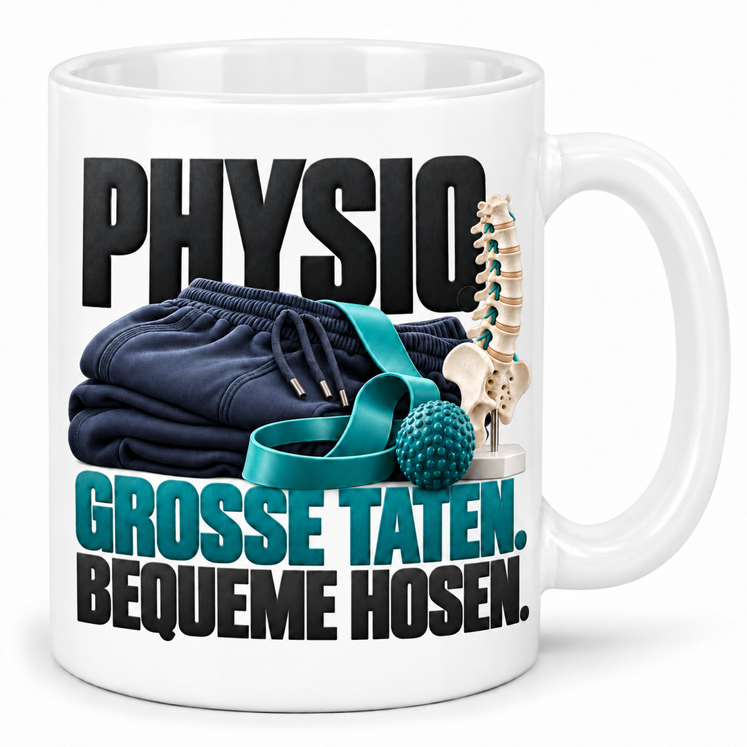 Physio-Tasse Große Taten. Bequeme Hosen. – Weiß