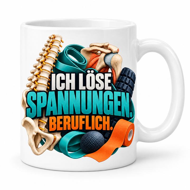 Physiotherapeut-Tasse „Ich löse Spannungen“ mit Praxis-Motiv – Weiß