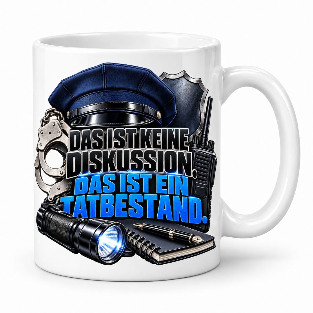 Polizei-Tasse mit Tatbestand-Spruch – Weiß