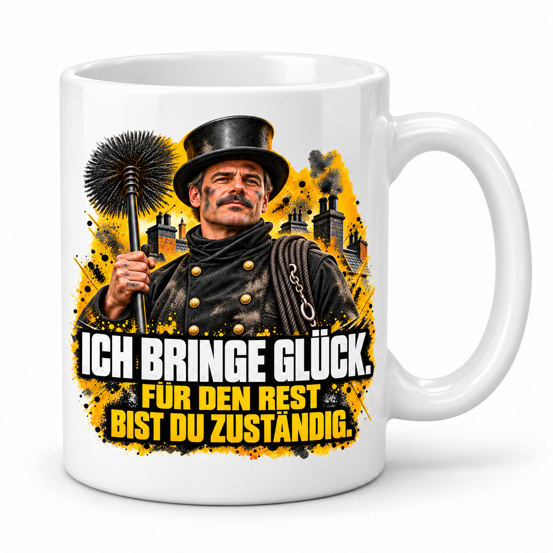 PEPAM Schornsteinfeger-Tasse „Ich bringe Glück“ – Weiß, weißer Korpus mit großzügigem Berufsmotiv