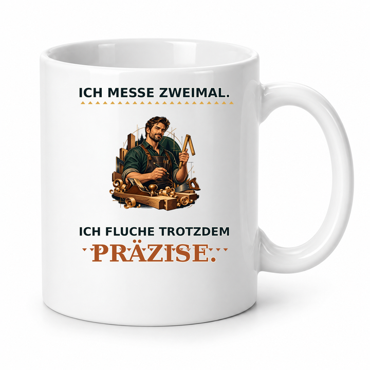 Schreiner-Tasse Weiß – Ich messe zweimal. Ich fluche trotzdem präzise.