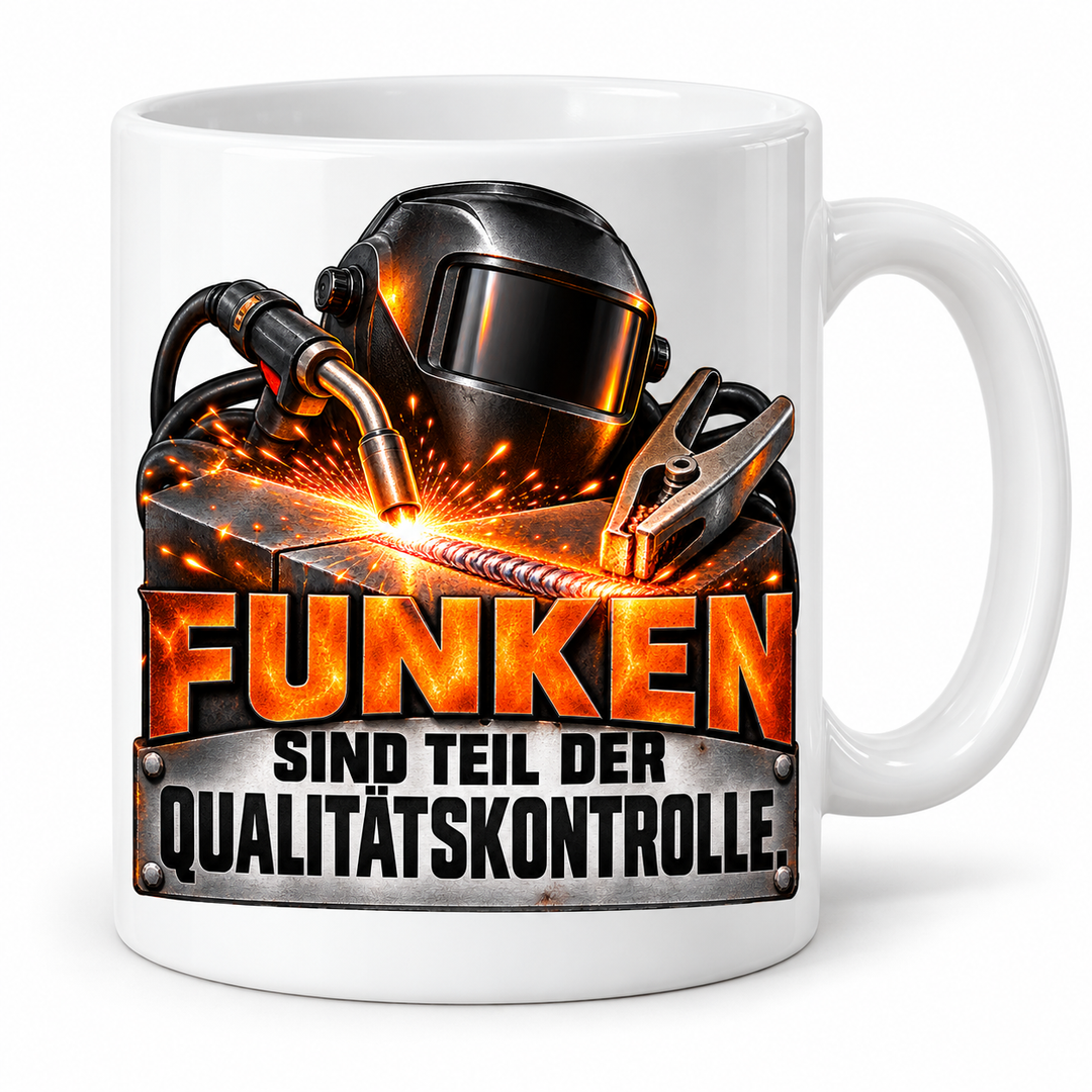 Schweißer-Tasse Funken sind Teil der Qualitätskontrolle in Weiß