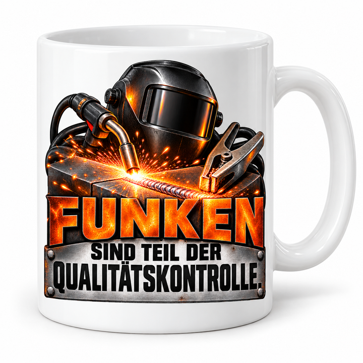 Schweißer-Tasse Funken sind Teil der Qualitätskontrolle in Weiß