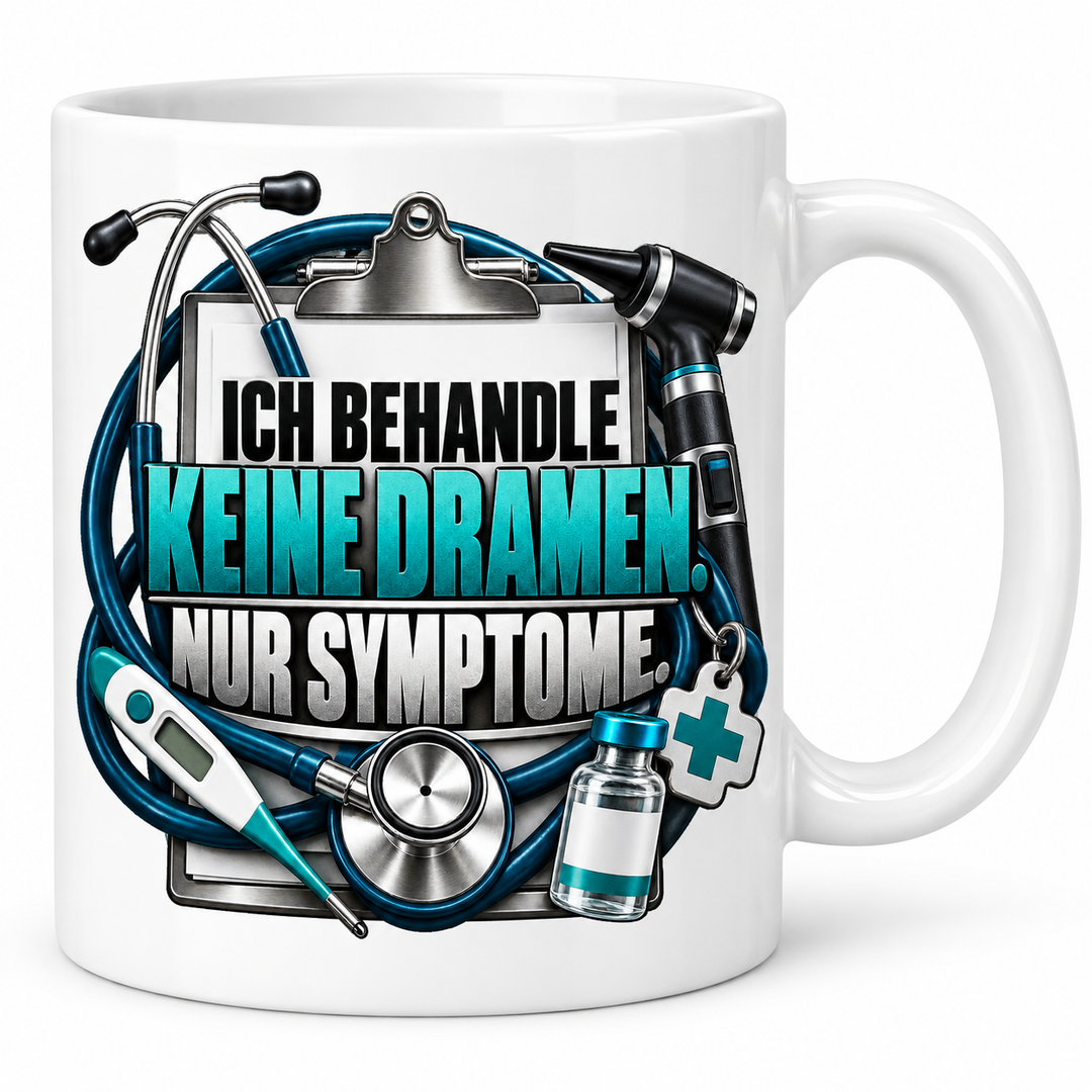 Tierarzt-Tasse in Weiß – Ich behandle keine Dramen. Nur Symptome.