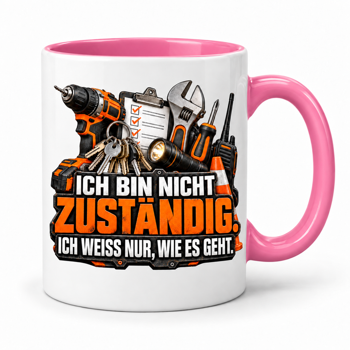 Hausmeister-Tasse Rosa mit Werkzeugmotiv und Spruch