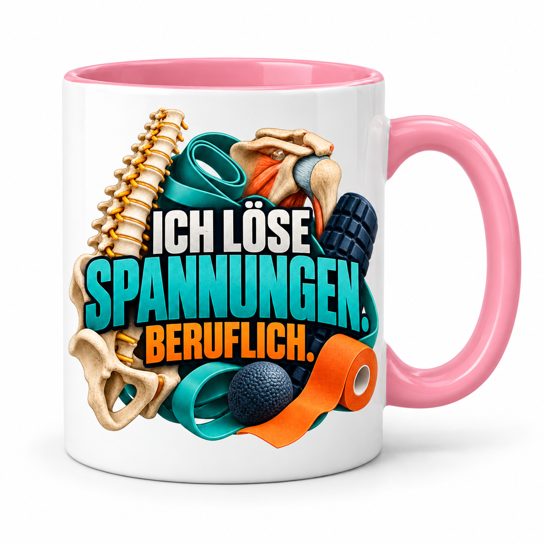 Physiotherapeut-Tasse „Ich löse Spannungen“ mit Praxis-Motiv – Rosa