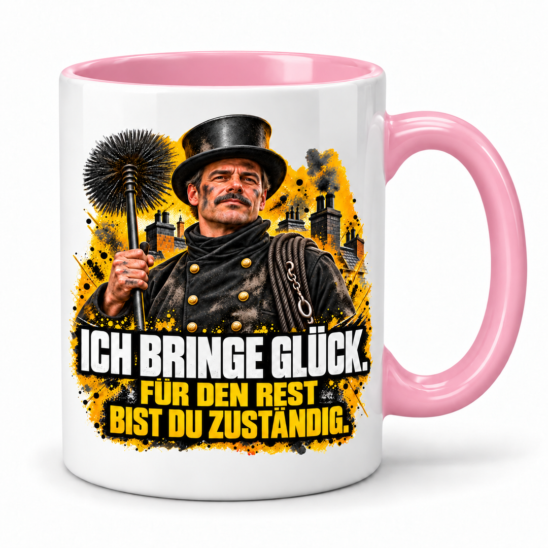 PEPAM Schornsteinfeger-Tasse „Ich bringe Glück“ – Rosa, weißer Korpus mit großzügigem Berufsmotiv