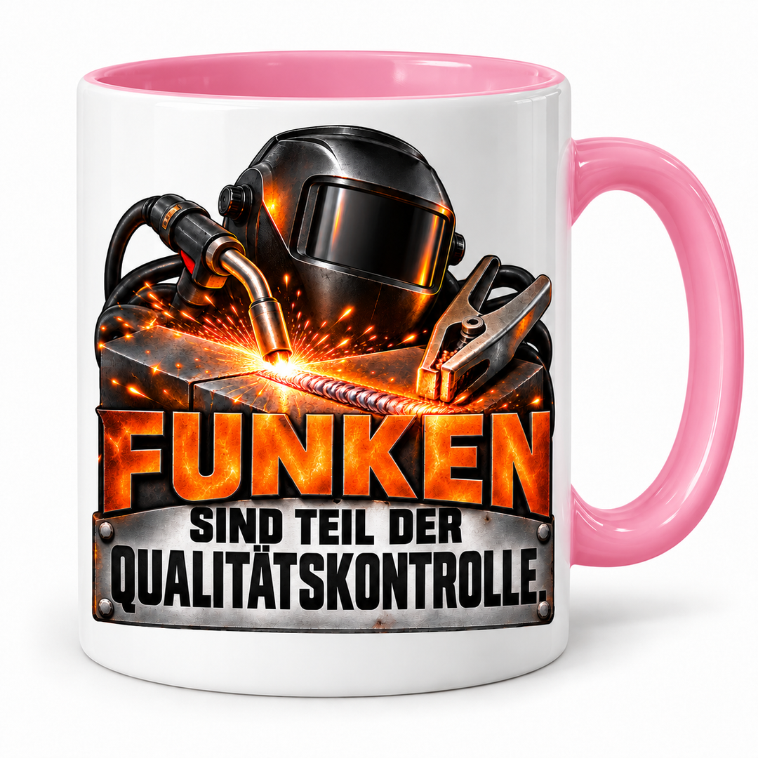 Schweißer-Tasse Funken sind Teil der Qualitätskontrolle in Rosa