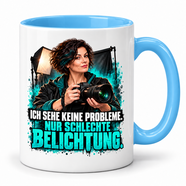 Fotografin-Tasse – Ich sehe keine Probleme. Nur schlechte Belichtung. – Blau