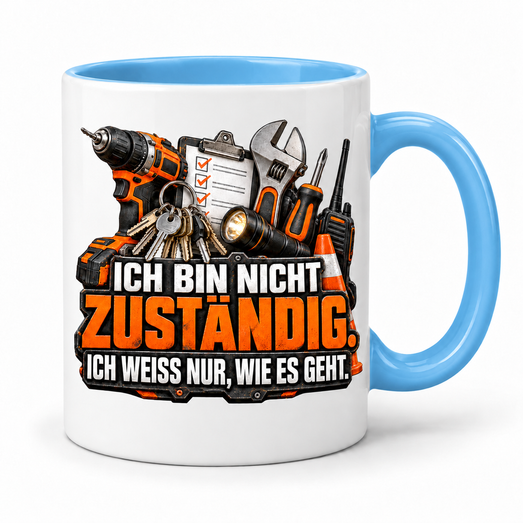 Hausmeister-Tasse Blau mit Werkzeugmotiv und Spruch