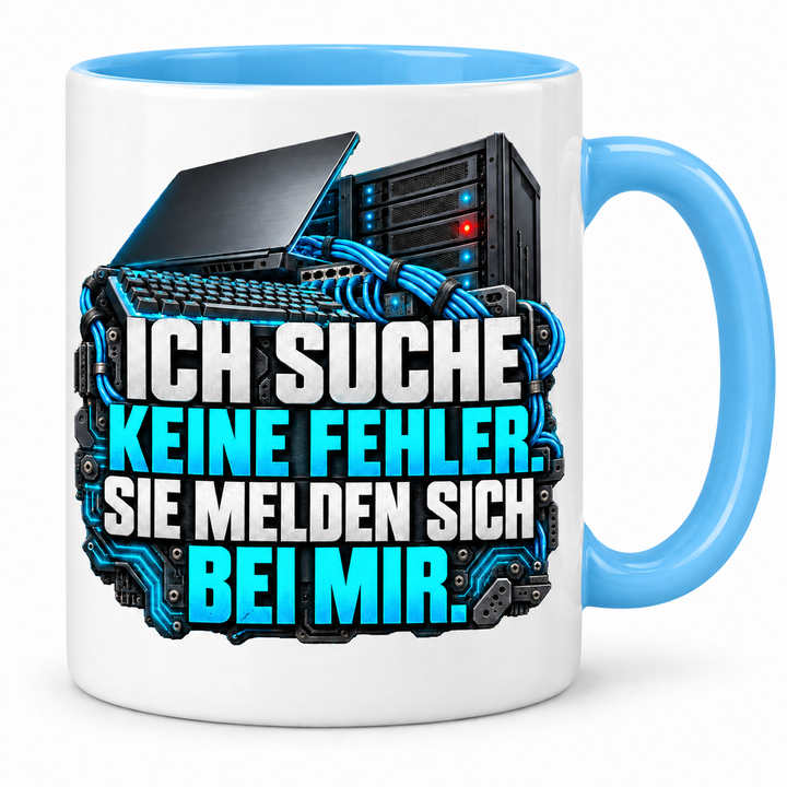 IT-Tasse Ich suche keine Fehler – Blau