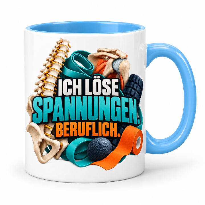 Physiotherapeut-Tasse „Ich löse Spannungen“ mit Praxis-Motiv – Blau