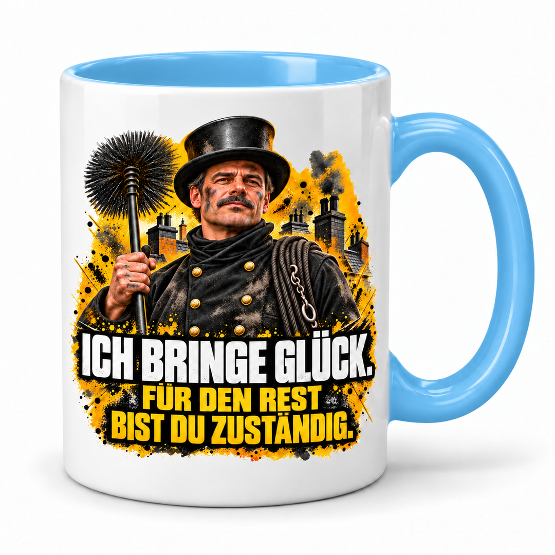 PEPAM Schornsteinfeger-Tasse „Ich bringe Glück“ – Blau, weißer Korpus mit großzügigem Berufsmotiv