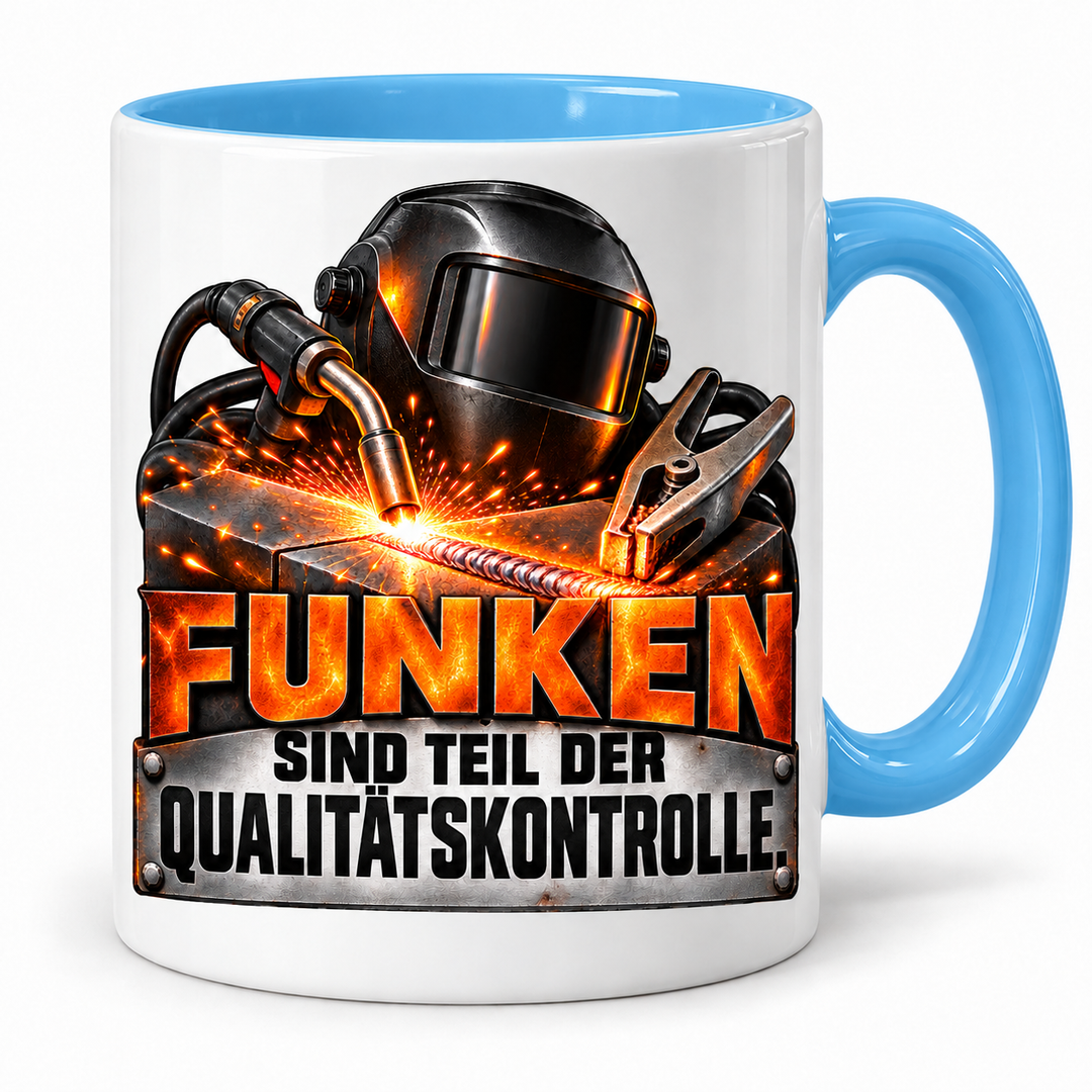 Schweißer-Tasse Funken sind Teil der Qualitätskontrolle in Blau