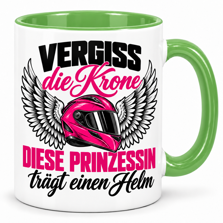 Bikerin-Tasse Prinzessin mit Helm – Grün