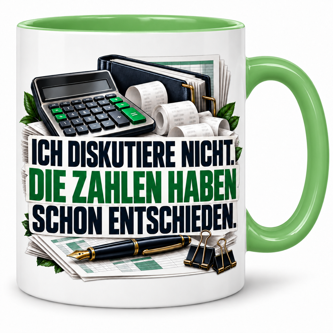 Buchhalter-Tasse in Grün mit Spruch Die Zahlen haben schon entschieden