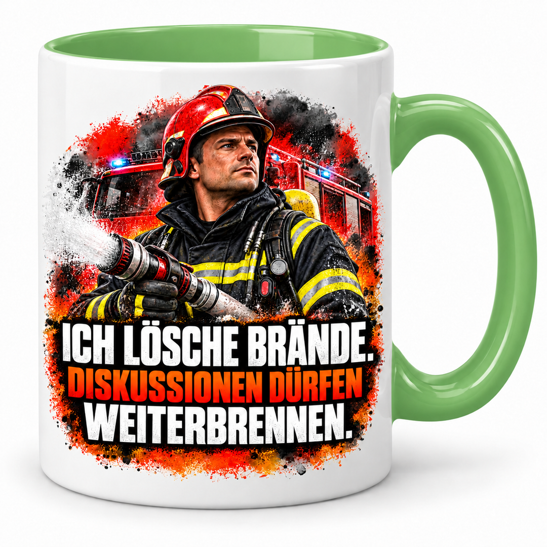Feuerwehr-Tasse mit Spruch in Grün – PEPAM Geschenke