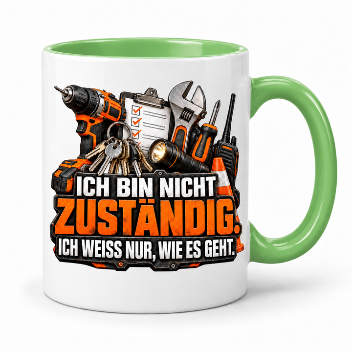 Hausmeister-Tasse Grün mit Werkzeugmotiv und Spruch