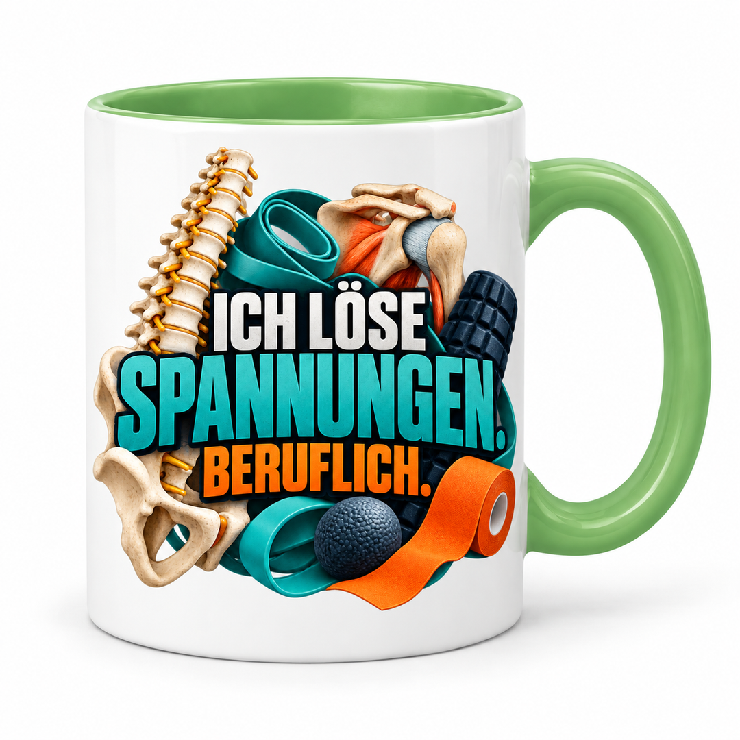 Physiotherapeut-Tasse „Ich löse Spannungen“ mit Praxis-Motiv – Grün