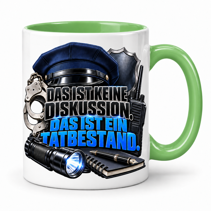Polizei-Tasse mit Tatbestand-Spruch – Grün
