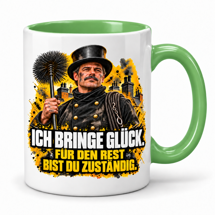 PEPAM Schornsteinfeger-Tasse „Ich bringe Glück“ – Grün, weißer Korpus mit großzügigem Berufsmotiv