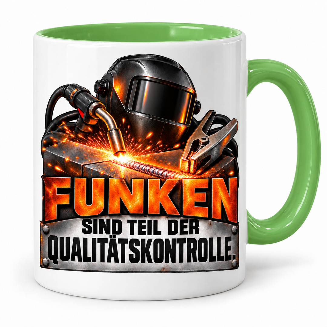 Schweißer-Tasse Funken sind Teil der Qualitätskontrolle in Grün