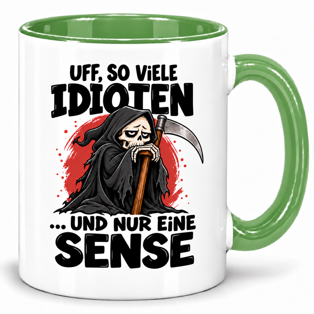 PEPAM Sensenmann-Tasse „Uff, so viele Idioten … und nur eine Sense“ – Grün