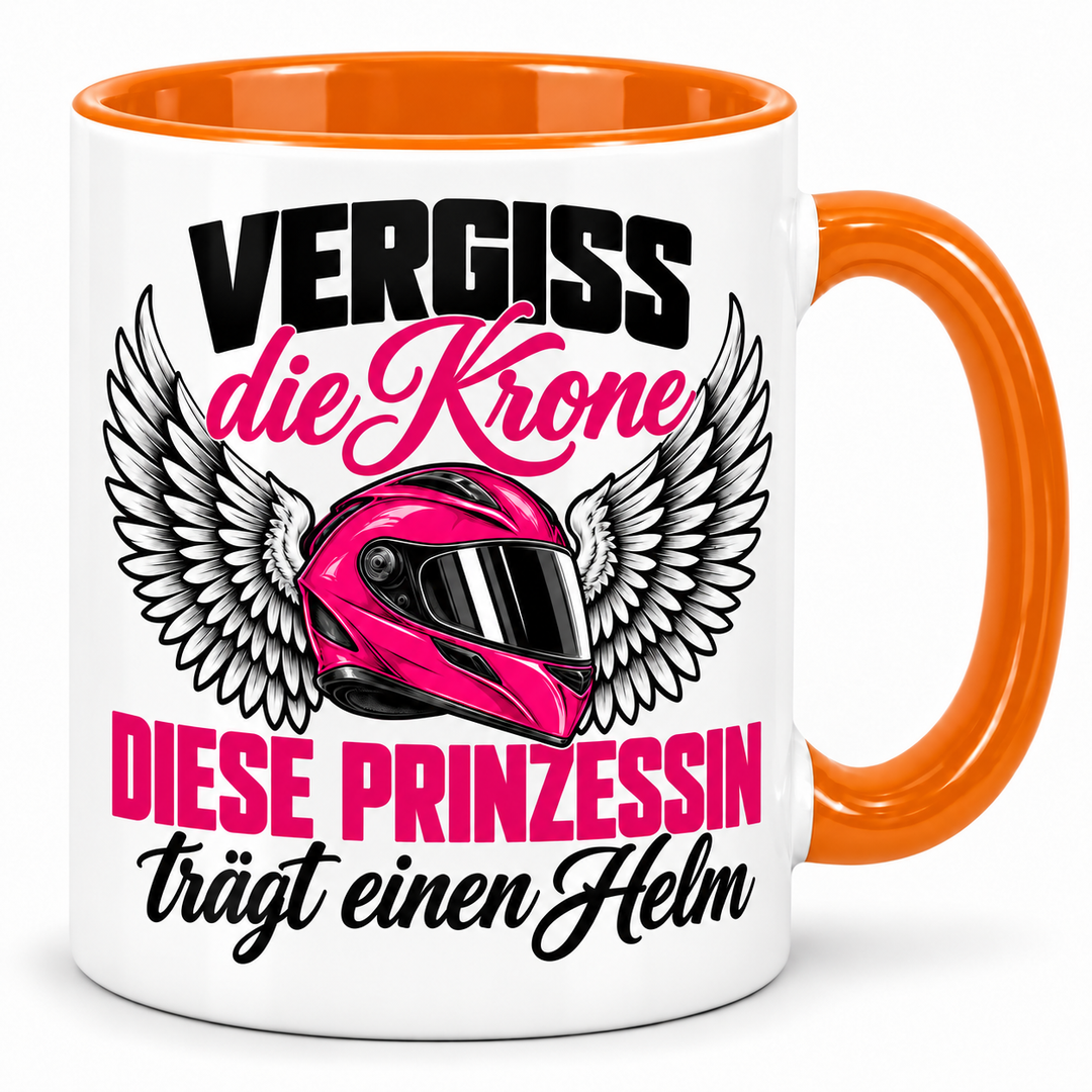 Bikerin-Tasse Prinzessin mit Helm – Orange
