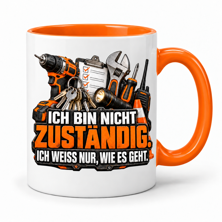 Hausmeister-Tasse Orange mit Werkzeugmotiv und Spruch