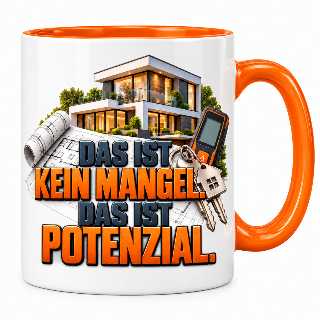 Immobilienmakler-Tasse „Das ist kein Mangel. Das ist Potenzial.“ – Orange