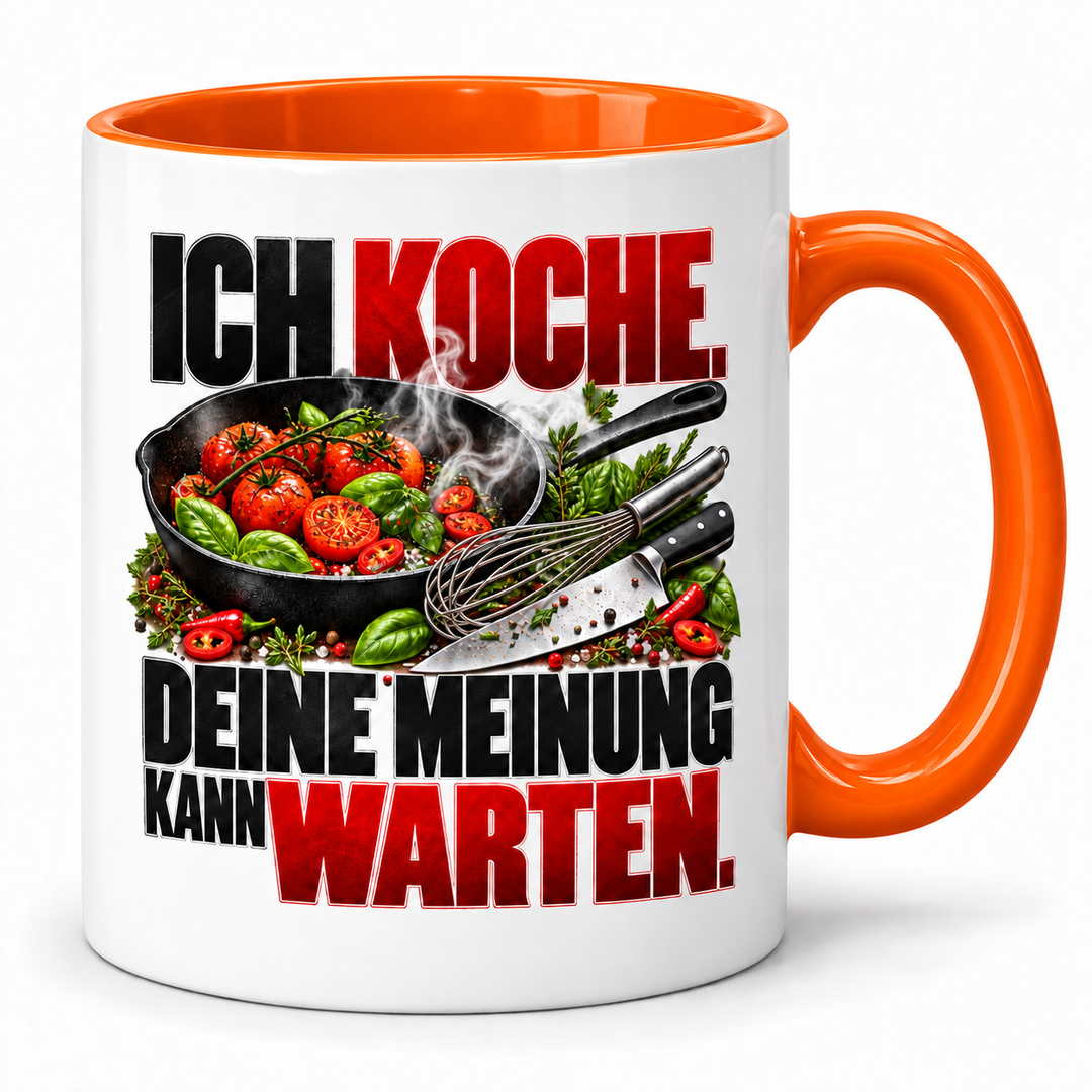 Koch-Tasse „Ich koche. Deine Meinung kann warten.“ mit Küchenmotiv ohne Personen – Orange