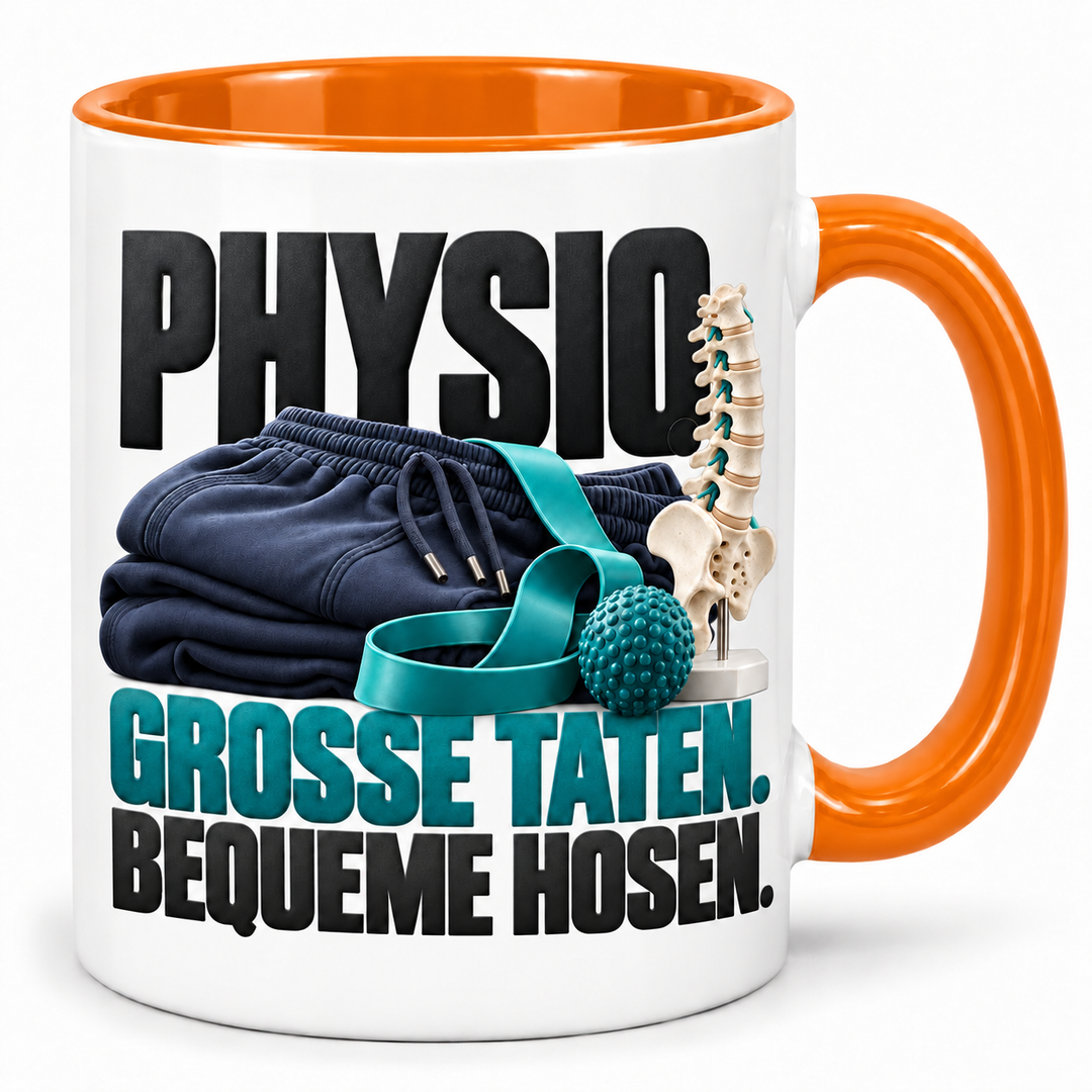 Physio-Tasse Große Taten. Bequeme Hosen. – Orange