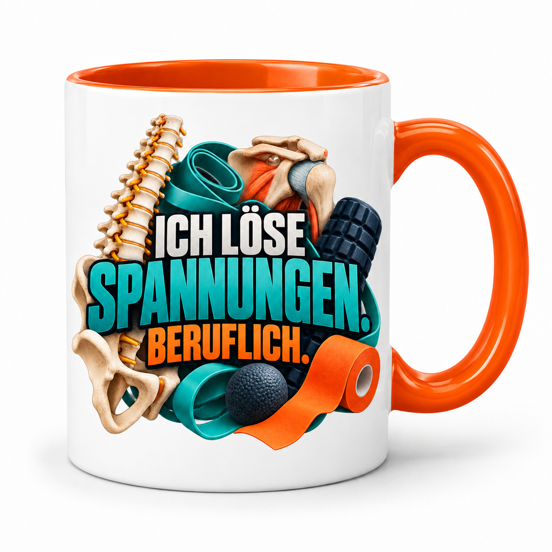 Physiotherapeut-Tasse „Ich löse Spannungen“ mit Praxis-Motiv – Orange