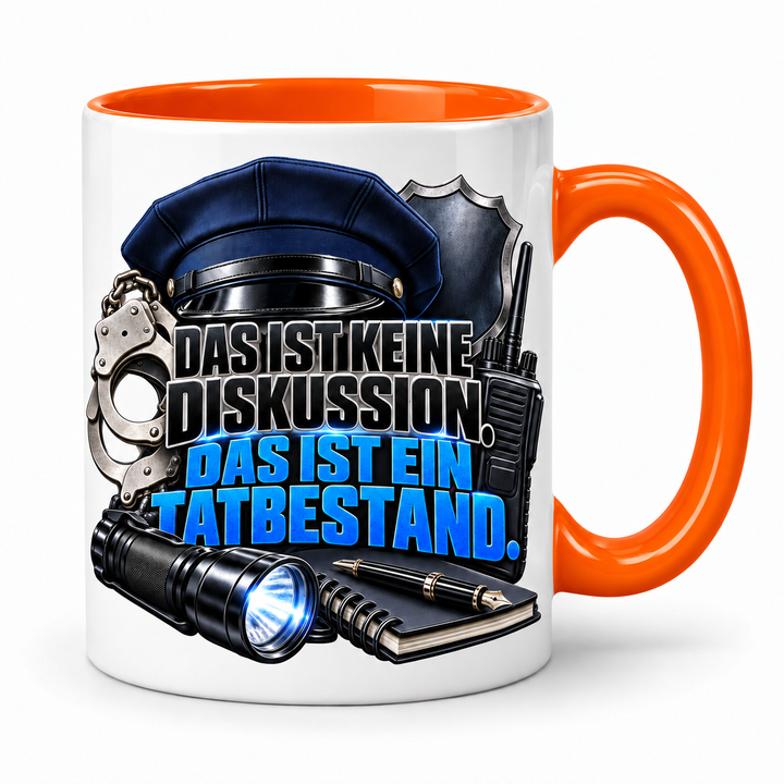 Polizei-Tasse mit Tatbestand-Spruch – Orange