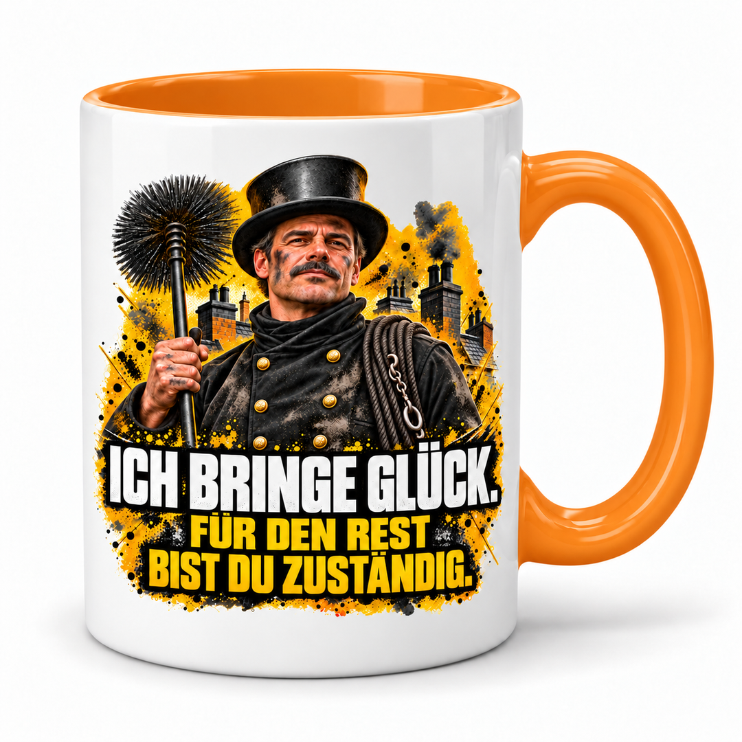 PEPAM Schornsteinfeger-Tasse „Ich bringe Glück“ – Orange, weißer Korpus mit großzügigem Berufsmotiv