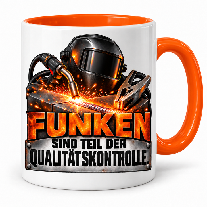 Schweißer-Tasse Funken sind Teil der Qualitätskontrolle in Orange