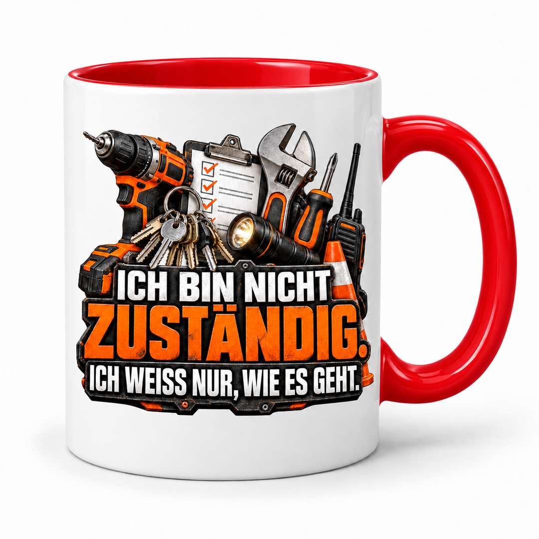 Hausmeister-Tasse Rot mit Werkzeugmotiv und Spruch