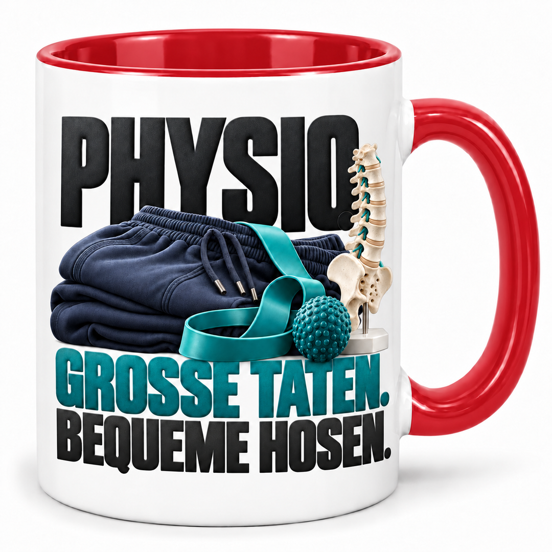 Physio-Tasse Große Taten. Bequeme Hosen. – Rot