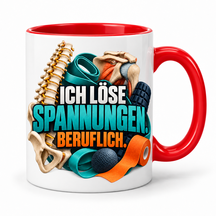 Physiotherapeut-Tasse „Ich löse Spannungen“ mit Praxis-Motiv – Rot