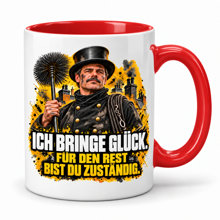 PEPAM Schornsteinfeger-Tasse „Ich bringe Glück“ – Rot, weißer Korpus mit großzügigem Berufsmotiv