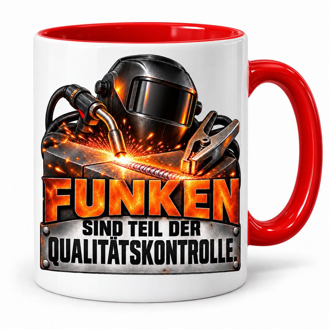 Schweißer-Tasse Funken sind Teil der Qualitätskontrolle in Rot