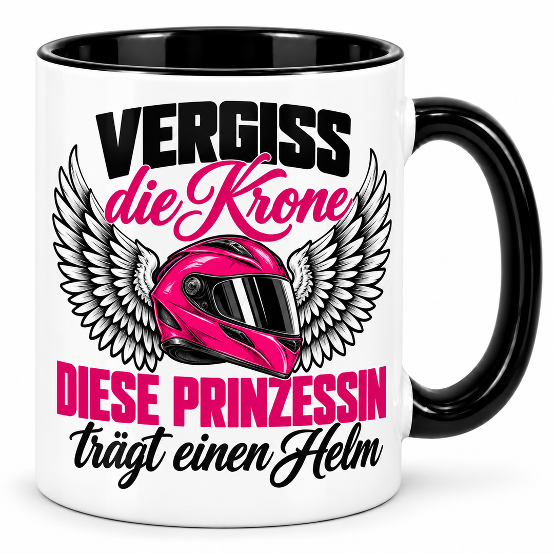 Bikerin-Tasse Prinzessin mit Helm – Schwarz