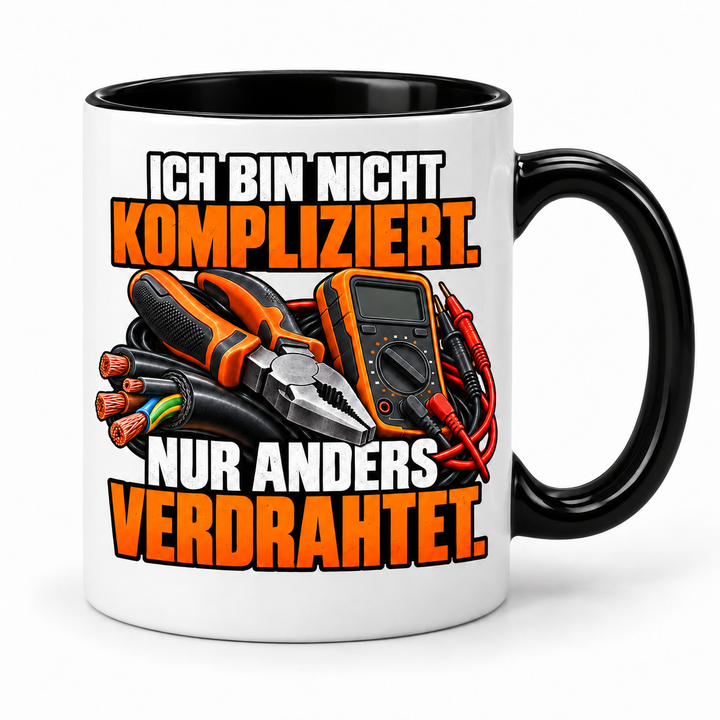 Elektriker-Tasse „Nur anders verdrahtet“ mit Werkzeugmotiv ohne Personen – Schwarz