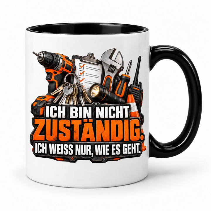 Hausmeister-Tasse Schwarz mit Werkzeugmotiv und Spruch